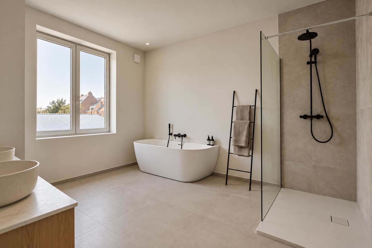 Badkamer met vrijstaand bad en inloopdouche