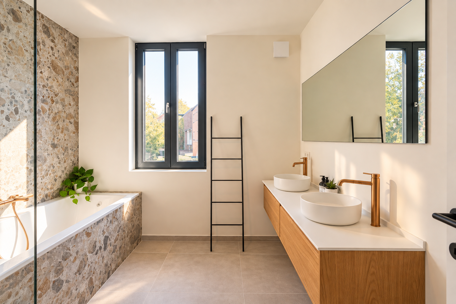 Badkamer met bad en dubbele wastafel